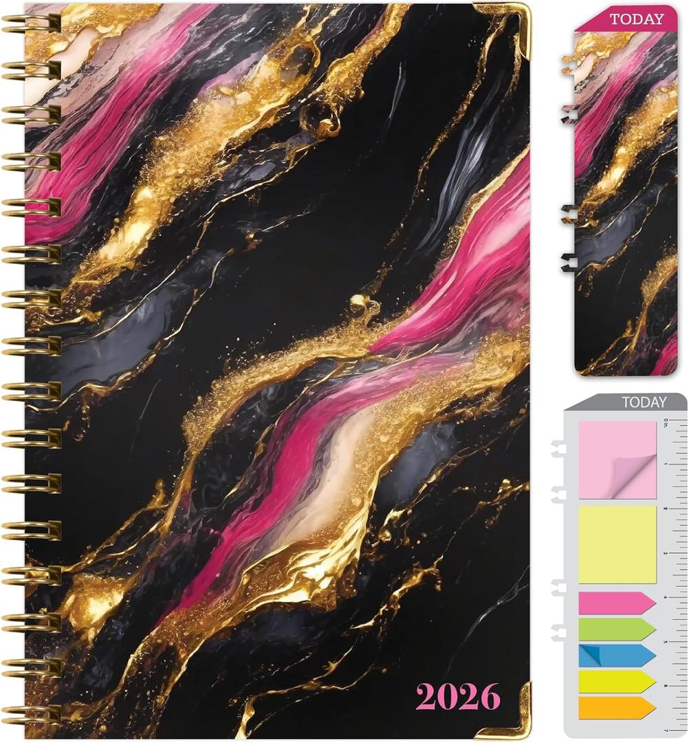 HARDCOVER 2026 Planner, 5.5"x8": 14 Months (November 2025 - December 2026), Daily Weekly Monthly Planner, Yearly Agenda, Bookmark, Pocket Folder and Sticky Note Set (Dark Gold Marble)