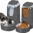 2 Pack Automatic Cat Feeder and Stainless Steel Water Dispenser, Gravity Dog Waterer Set Food Feeder and Waterer Set for Small Medium Kitten Puppy Pets(1 Gallon x 2, Charcoal Gray)