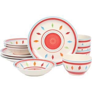 Gibson Home Heidy Hand Painted Dinnerware Set - Red, Service for 4 (12pcs)