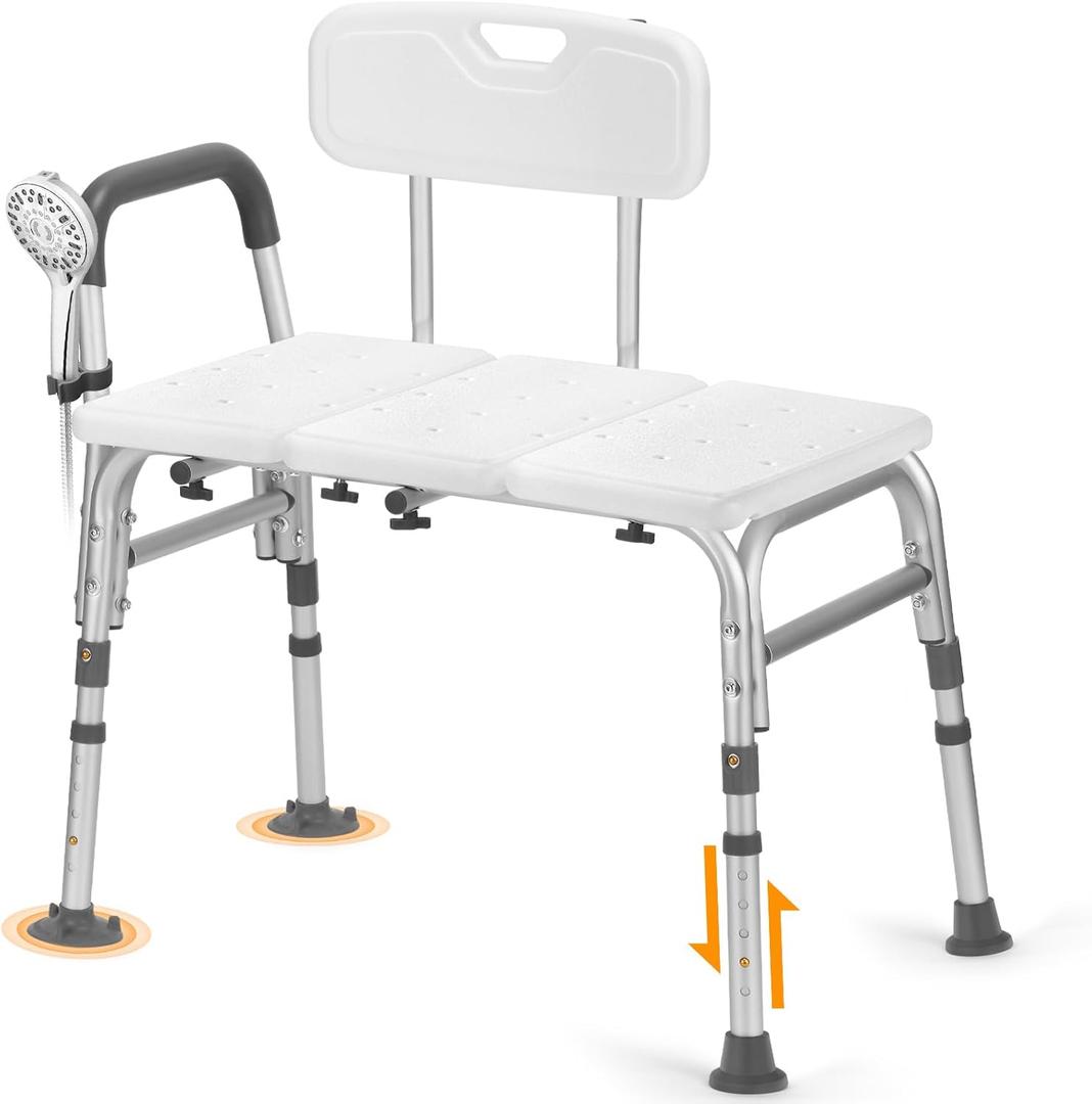 TABEKE Tub Transfer Bench for Bathtub, FSA/HSA Eligible 500lb Compact Shower Chair with Backrest & Padded Armrest, Height Adjustable Shower Bench W.Suction Cups, Shower Seat for Elderly and Disabled (Large)
