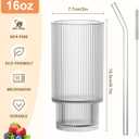 16OZ Ribbed Glass Cups with Lids and Straws,Iced Coffee Cups with Bamboo Lid,Vintage Glassware for Whiskey Cocktail Beer Fruit Juice Glasses Tumbler(2 Pack)