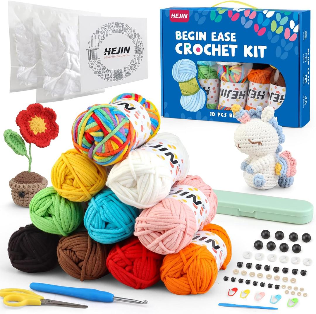 HEJIN 10x50g Yarn Gift Set for Crocheting and Knitting; Cotton Yarn with Crochet Tools for Crocheting; Yarn for Beginners Crochet Kit Making; Great for Christmas, Birthdays for Crochet Lovers