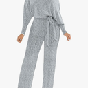 ZonJie Jumpsuits for Women Elegant Sexy Sparkly Sequin Off Shoulder Pants Long Sleeves Wide Leg Clubwear Rompers, Medium