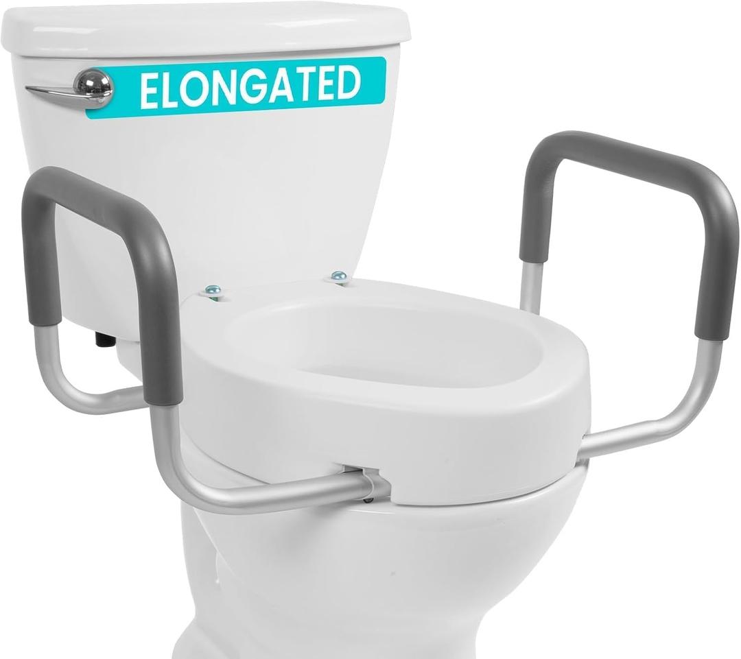 Vive Raised Toilet Seat Riser for Seniors (with Handles) - Handicap Rail Grab Bar Seat for Over Toilet - Elevated Safety for Elderly, Disabled, Medical - Elongated