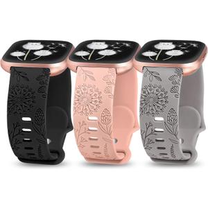 Minyee 3 Packs Floral Engraved Band Compatible with Fitbit Versa 2/Versa Lite, Soft Silicone Dandelion Flower Pattern Sport Designer Fancy Summer Strap (Black & Pink& Gray)