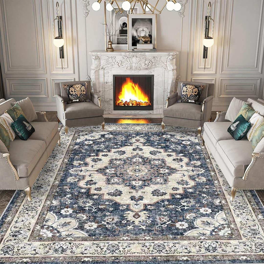 Washable Living Room Area Rug - 9 x 12 Stain Resistant Medallion Soft Bedroom Rugs Distressed Design Non Shedding Carpet for Indoor Outdoor Floor Coverings (9x12 Blue)