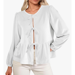 Cicy Bell Womens Cute Tie Front Peplum Velvet Tops Puff Long Sleeve Babydoll Shirts Casual Blouses 2025 Fall Outfits, Size: L