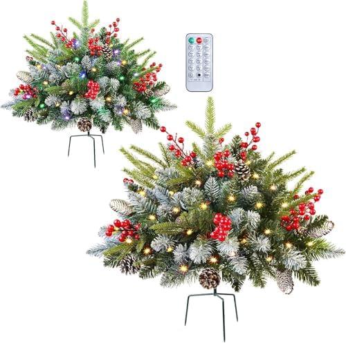Set of 2 17 Inch Lighted Outdoor Christmas Tree with Remote, Timer, Multi-Color Lights, Battery Operated Pre-lit Frosted Pathway Urn Filler, Christmas Porch Decorations for Home, Porch & Yard