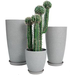 24,21,11 Inch Large Plastic Planters with Drainage Hole and Saucer - Set of 3 Tall Plant Pots Indoor Flower Pot Tall Round Planters Outdoor Large Tall Planter