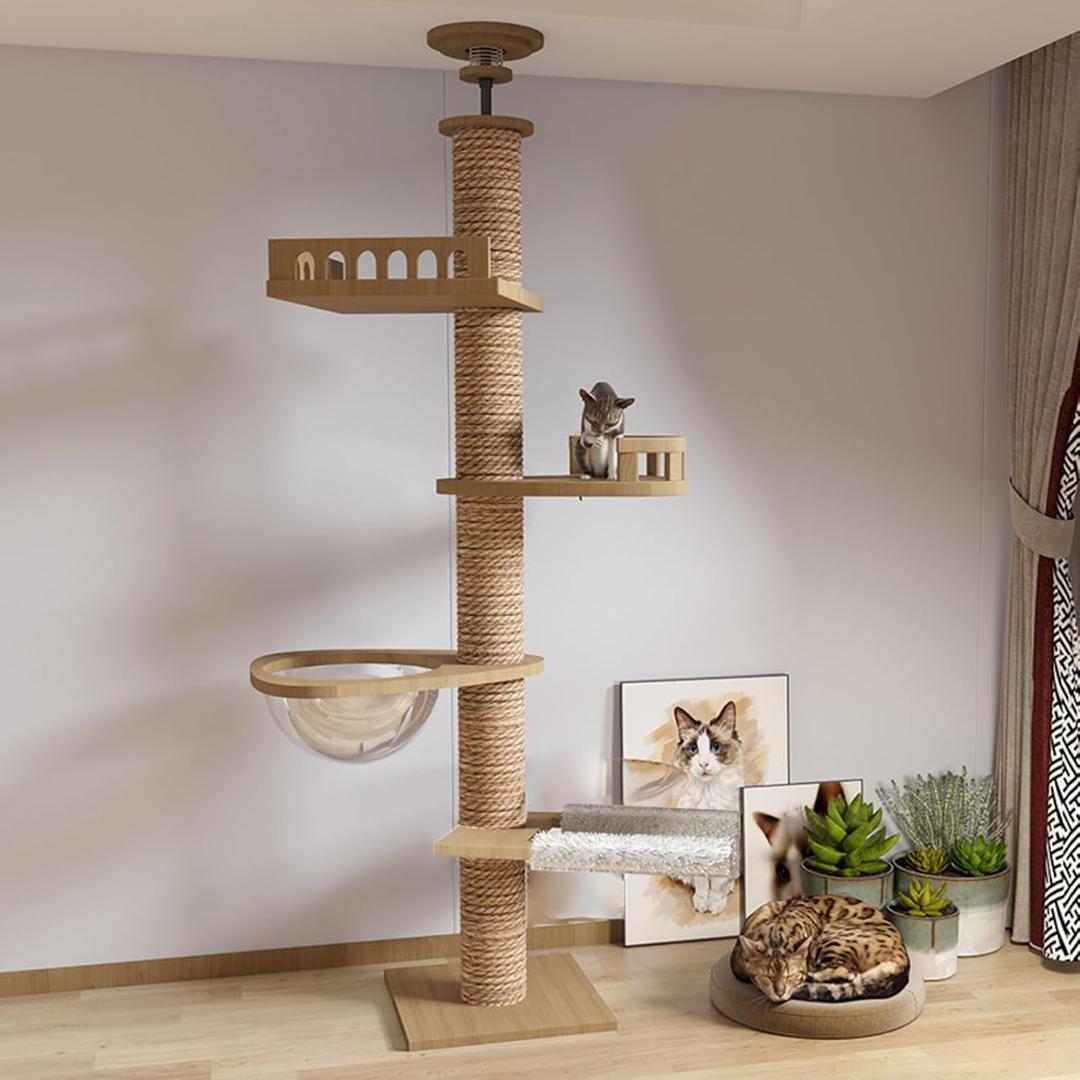 Floor to Ceiling cat Tree - Adjustable Height (95-98in,104.3-108.2in)- with Width 4.33 in Scratching Post,Cat Hammock,Fully Wrapped with sisal Rope - Floor to Ceiling Cat Tower for Indoor Cats.(T04)