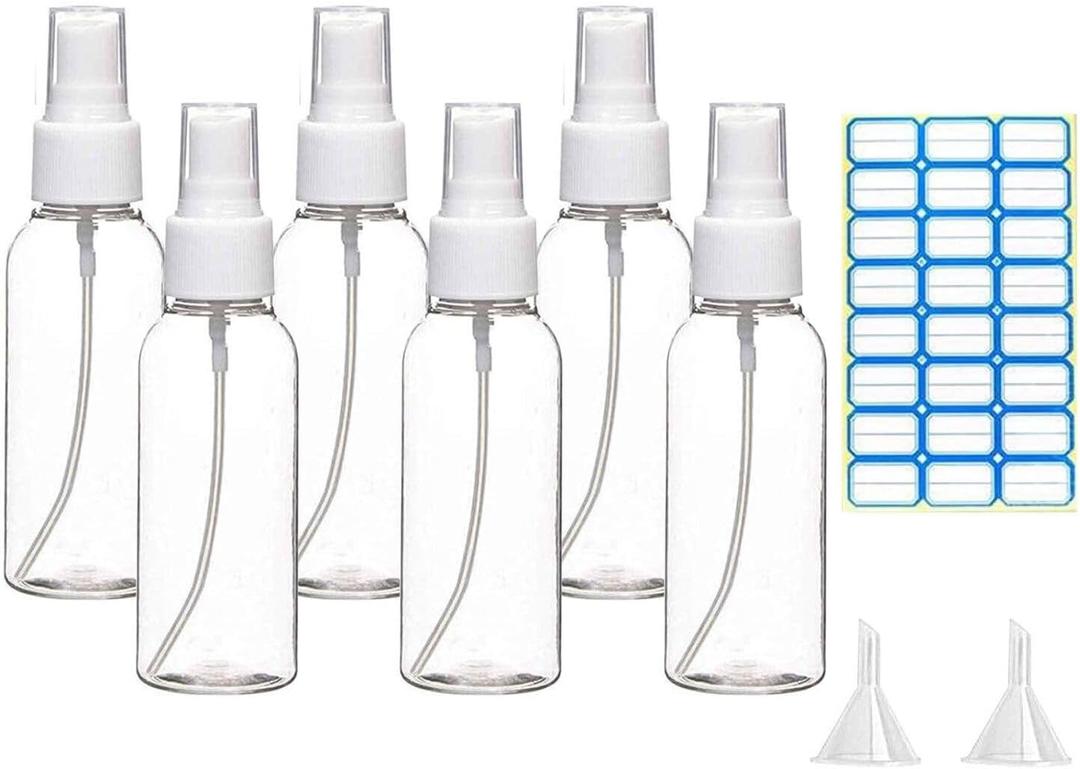 VIGOR PATH Mini Travel Spray Bottles, 2oz/50ml Clear Empty Plastic Containers with Fine Mist Sprayer, Set of 6 with Labels Included