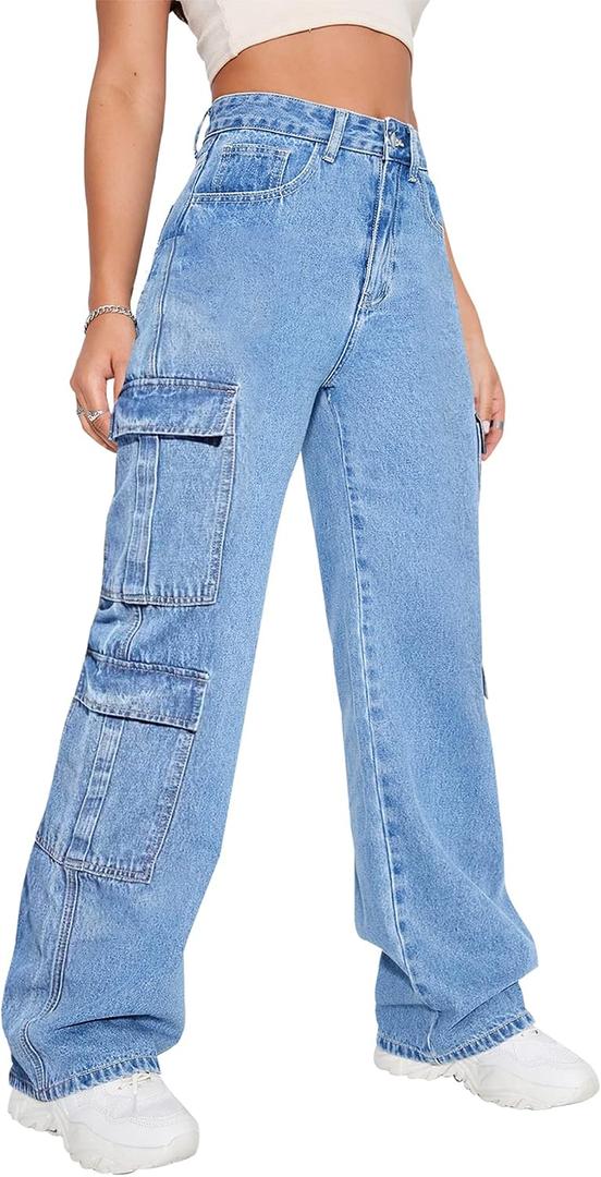Women's High Waist Baggy Cargo Jeans Flap Pocket Y2K Streetwear Wide Leg Denim Pants (Blue, L)