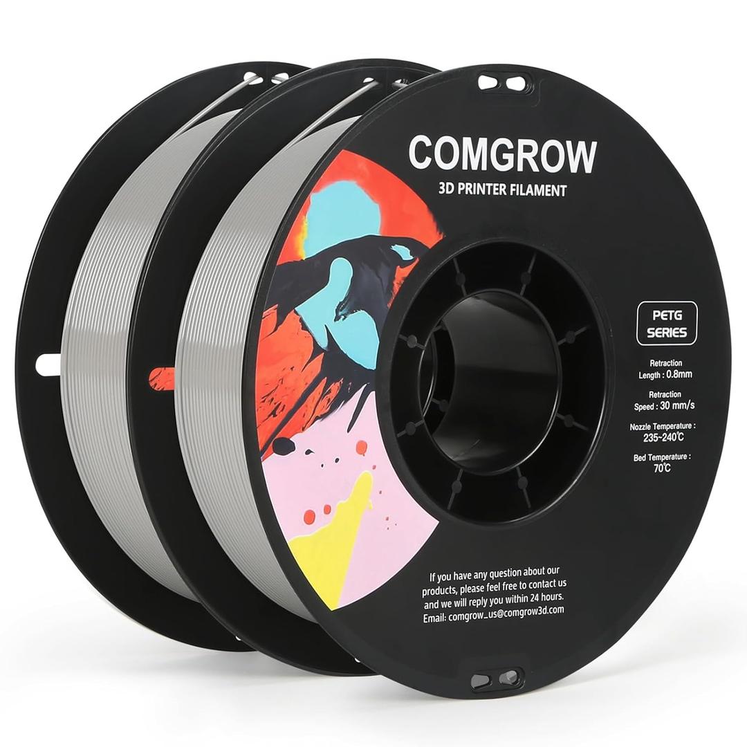 2 x Comgrow PETG 3D Printer Filament 1.75mm, High Precision and Tough 3D Printer Filament 2kg (4.4LBS), Dimensional Accuracy +/- 0.02 mm, Fit Most 3D Printers Gey + Grey