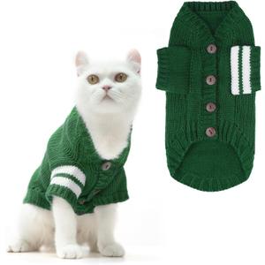 EXPAWLORER Cat Sweater Cardigan - Stylish Knitted Cat Clothes, British Style Soft Puppy Sweater with Sleeve Warm Pet Clothing Knitwear, Fall and Winter Kitten Coat for Girl Boy Cats, Green Medium