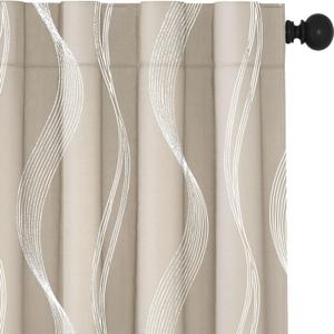Deconovo Blackout Back Tab Curtains with Geometric Pattern, Room Darkening, Heat Blocking, Energy Saving Drapes for Bedroom, Living Room, 2 Panels, Light Beige, 52W x 84L Inch, Wave Stripe