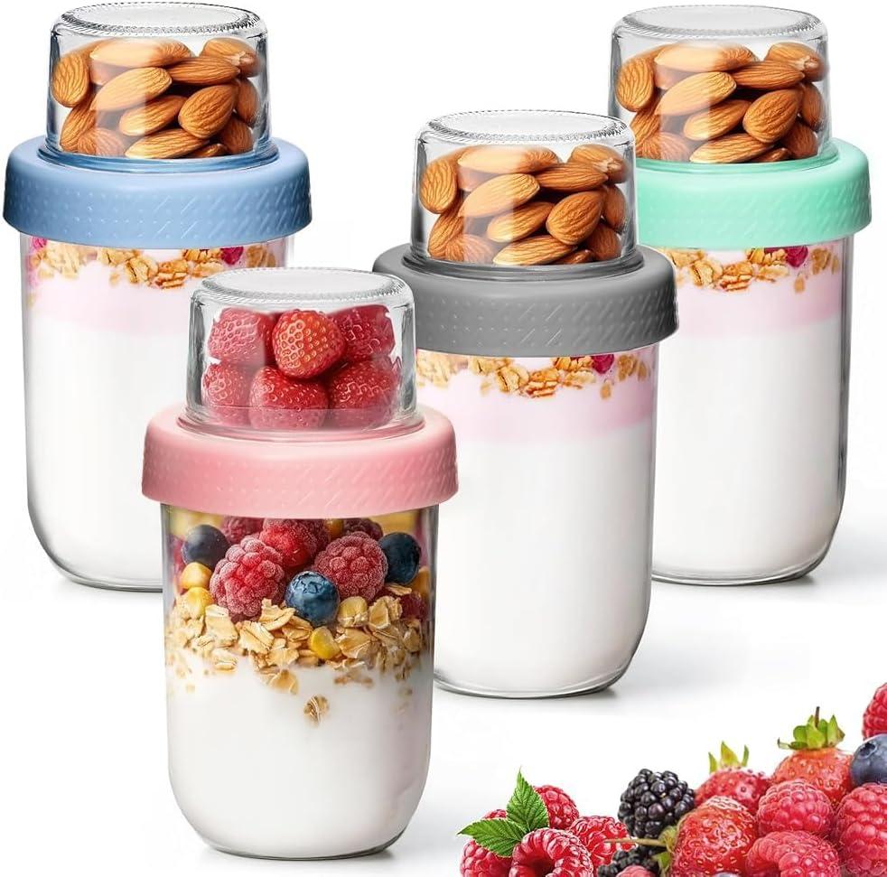 4 Pack Glass Yogurt Parfait Cups with Lids, 16+4oz Reusable Containers with Dry & Wet Separation, Leak-Proof for Overnight Oats, Meal Prep, Portable to Work & School, Easy Clean