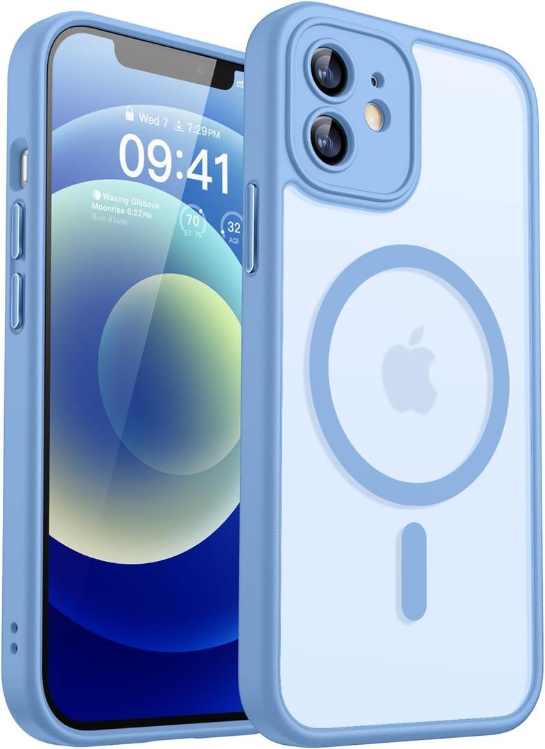 CANSHN Magnetic Compatible with iPhone 12 Case, Upgraded [Full Camera Protection] [Compatible with Magsafe] [Translucent Matte] Shockproof Protective Phone Case Cover 6.1 Inch - Light Blue