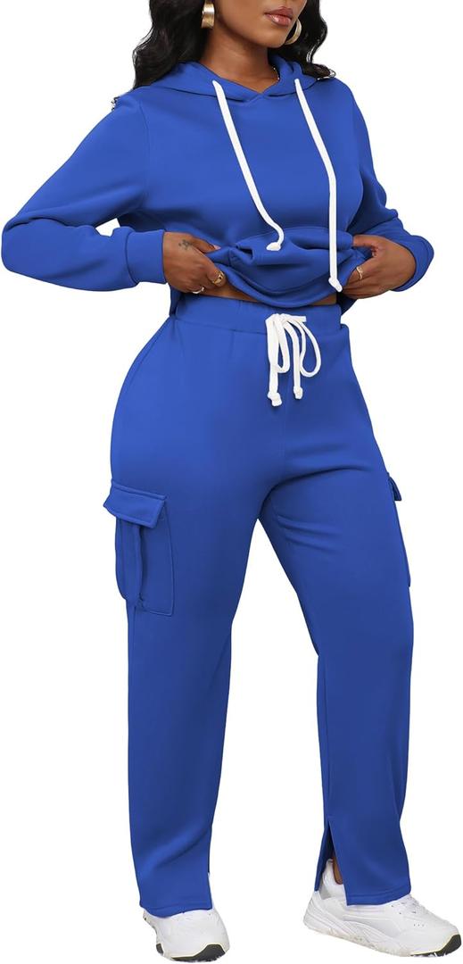 LovelyWholesale Womens Sweatsuits 2 Piece Set Hoodies and Cargo Sweatpants Sets (Medium, Royal Blue)