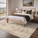 Bavni 9x12 Area Rug Washable Rug for Living Room Bedroom, Vintage Print Carpet, Low Pile Lightweight Mat with Non Slip Backing, Pale Warm Yellow