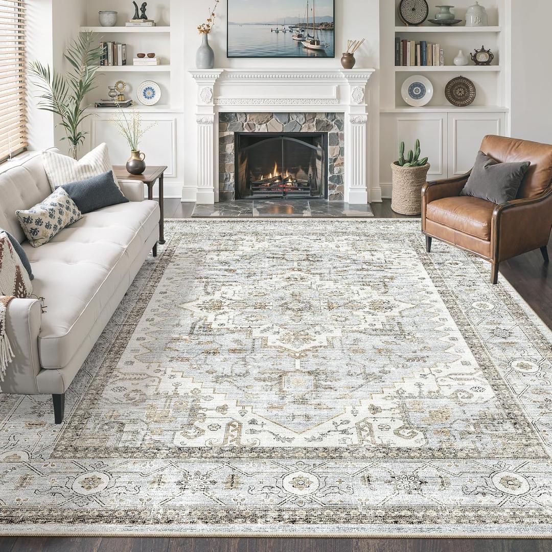 8x10 Area Rugs for Living Room, Stain Resistant Neutral Washable Rugs for Dining Room, Floral Vintage Non-Slip Thin Large Size Area Rug BlueBeige