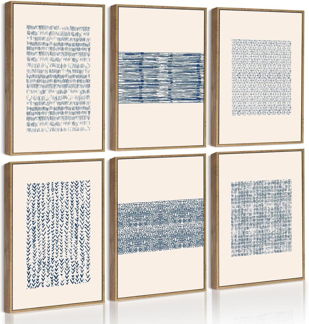 Drsoum Mid-century Boho Geometric Abstract Decor Blue White Grunge Minimalist Bohemian Wall Art Framed Canvas Prints 8"x 10"x 6pcs Natural Framed