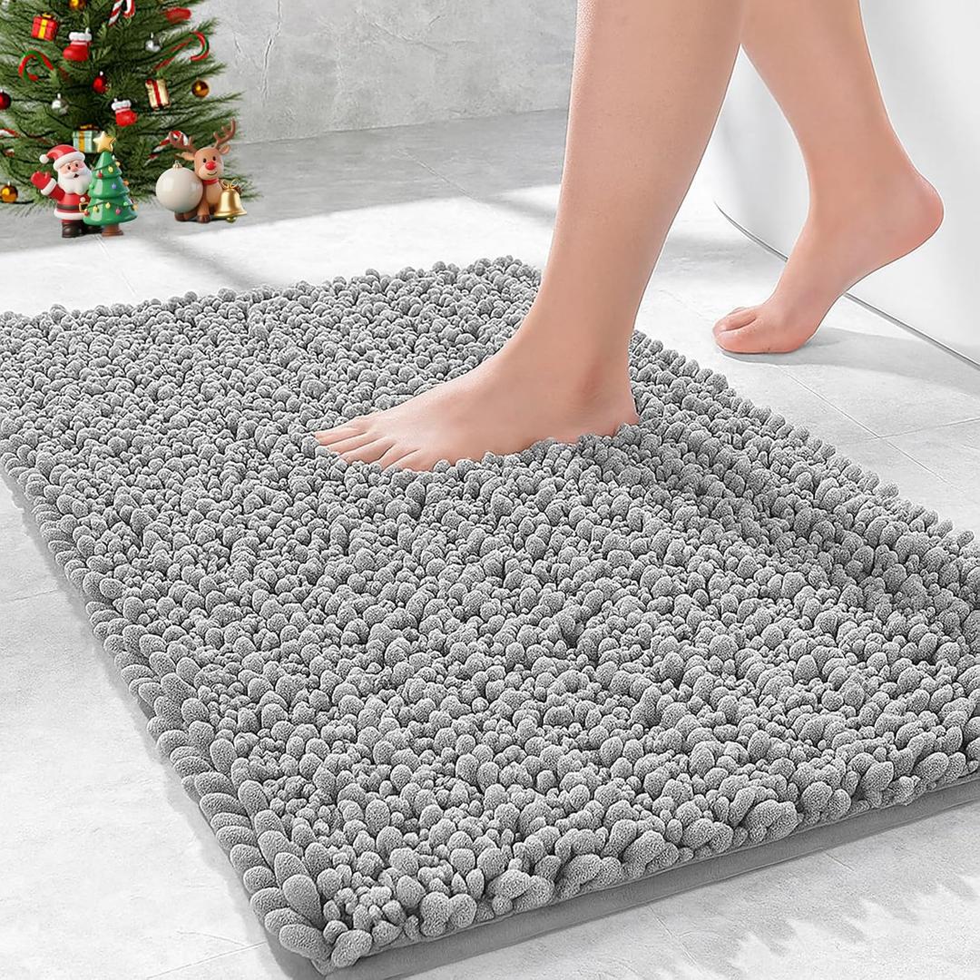 Bathroom Rugs Non Slip Washable 32x20, Extra Thick Soft Chenille Absorbent Bath Mat, High Density Barrier Non Slip Backing, Quick Dry Plush Shaggy Floor Carpet for Tub&Shower, Grey