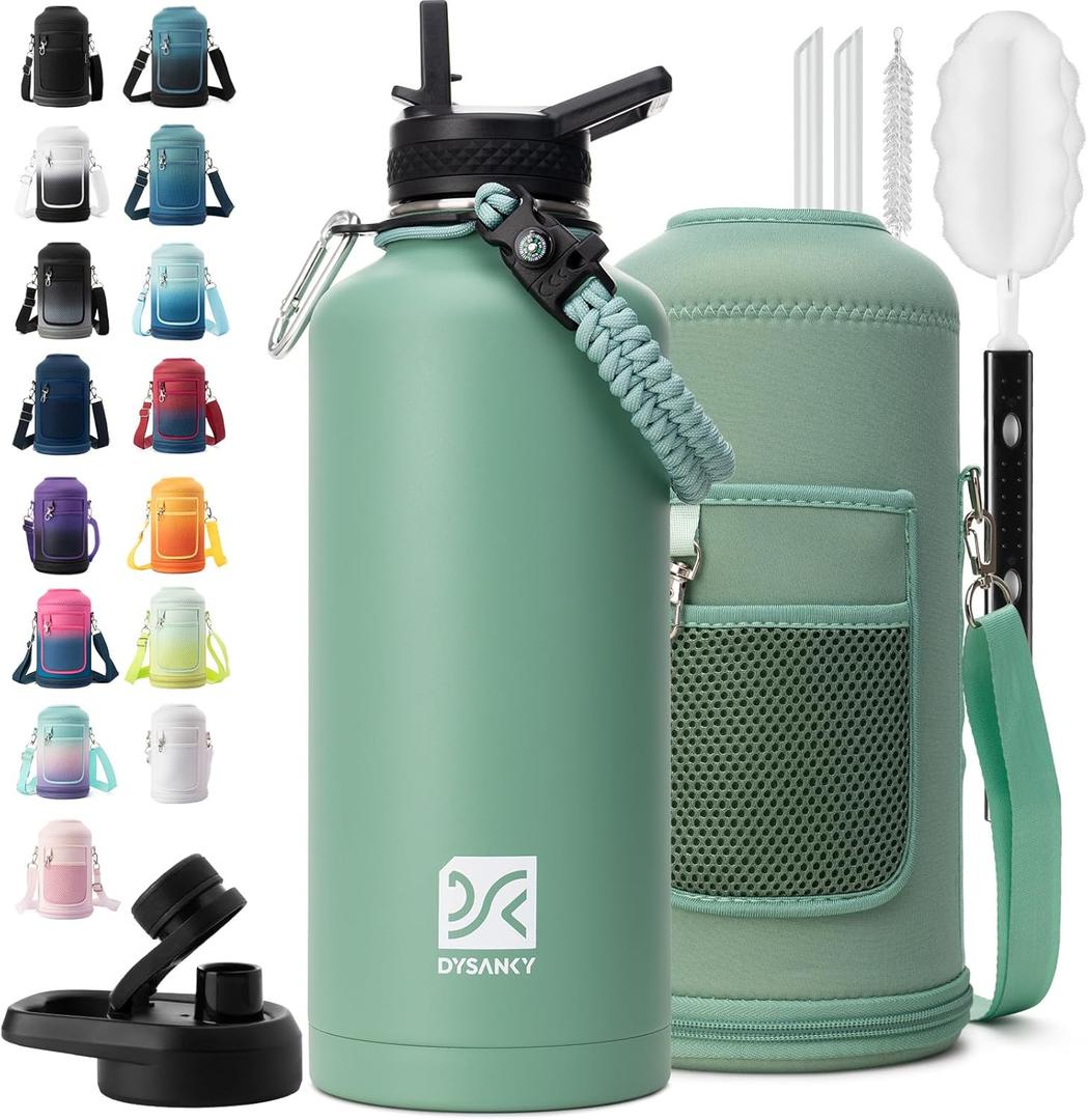 Insulated Water Bottle | Thickened Stainless Steel for Gym and Hiking with Straw, Carrier Bag, Handle Strap | BPA-Free 87 oz (Verdant)