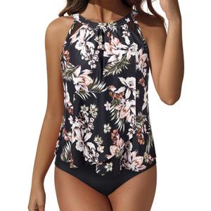 SUUKSESS Women Tummy Control Tankini Bathing Suit Ruffle High Waisted Swimsuit (XX-Large, 60 Black Floral)