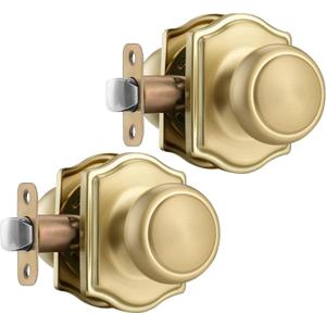 NCSEN 2 Pack Gold Door Knobs with Camelot Trim,Interior Door Knob with Lock,Coastal Door knob for Hall & Closet, Satin Brass