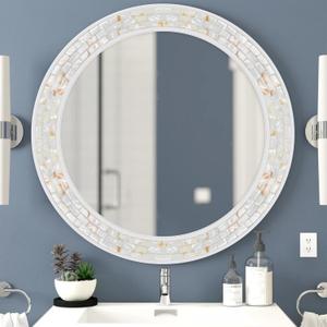 White Round Mirror 30 Inch, Natural Shell Inlay Mosaic Design Frame Circle Wall Mirror for Bathroom Bedroom Living Room or Entrayway