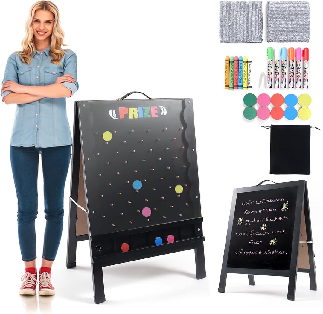 Prize Drop Game Board, 21"x30" Double-Sided Foldable Design with Wooden A-Frame Chalkboard Sign for Family, Carnival, Trade Show & Party - Includes 10 Coin Drop Discs and Chalk Set, Portable Design Prize Drop Game Board, 21"x30" Double-Sided Foldable Design with Wooden A-Frame Chalkboard Sign for Family, Carnival, Trade Show & Party - Includes 10 Coin Drop Discs and Chalk Set, Portable Design