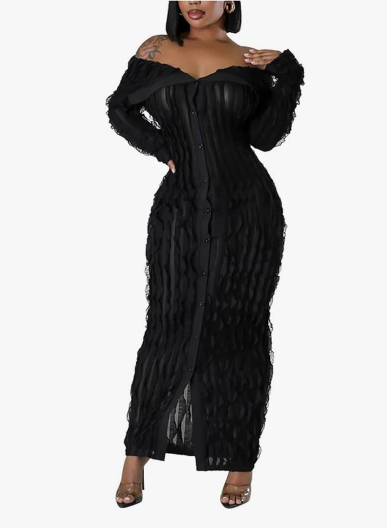 LETSVDO Women's Maxi Off Shoulder Dress Long Sleeve Button Down Ruffle Mesh Bodycon Sexy Dresses Stretchy XL
