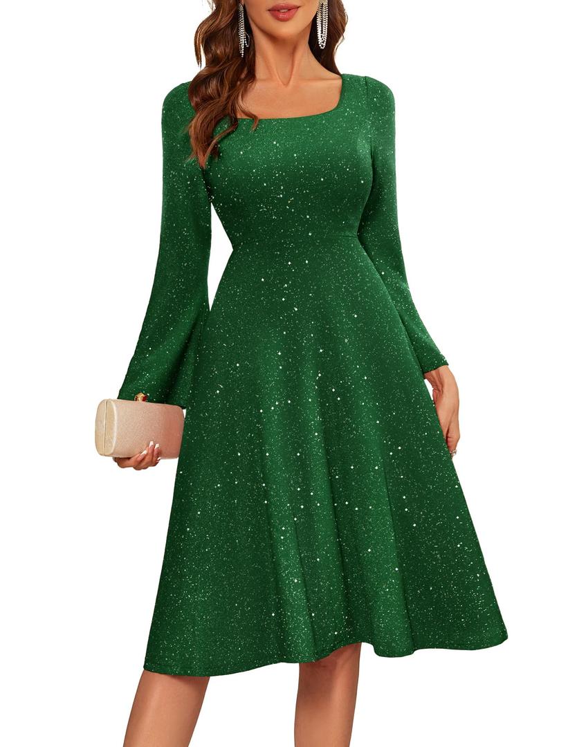 BeryLove Prom Dress for Teens Long Sleeve Sequin Dress Square Neck Midi Cocktail Party Formal Dress Glitter Bridesmaid Dresses S006 DarkGreen S (Green)