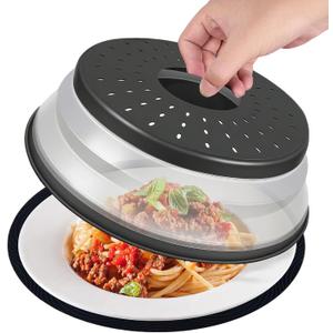 WENWELL 12 Inchs Microwave Splatter Cover & Silicone Mat, Large Vented Collapsible Guard dish Plate lid & Round Kitchen mat for food (black)