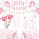 183pcs One Silly Goose Birthday Party Tableware Set Silly Goose Party Supplies for 24 Guests Tableware Includes Plates Napkins Cups Banner Gingham Tablecloth Balloons(Pink,Classical)
