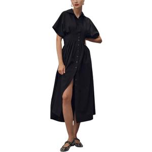 Yeokou Shirt Dress for Women Summer Casual Short Sleeve Button Down Loose Pleated Maxi Sundress with Pockets (Black, L)