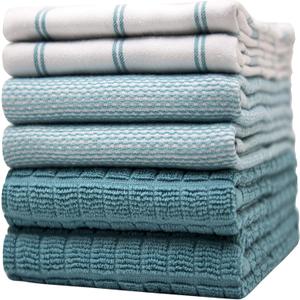 Premium Kitchen Towels (20”x 28”, 6 Pack) | Large Cotton Dish Towels | Flat & Terry Highly Absorbent Kitchen Linen Set with Hanging Loop | Teal Check