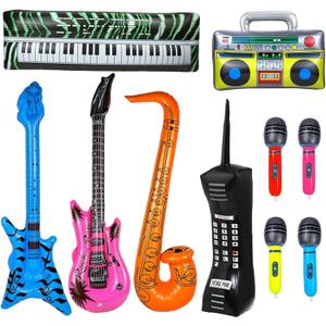 10pcs Inflatable Instruments Party Props Rock Star Toy Set Inflatable Saxophone Bass Rock Microphone Rock Electric Guitar Recorder Suitable for Various Music Parties(Retro Style)