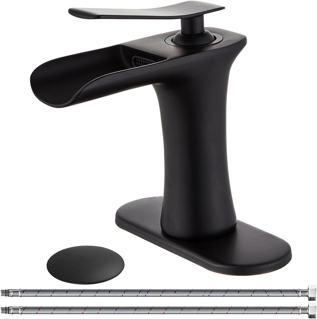 Wovier Matte Black Waterfall Bathroom Sink Faucet,Single Handle Single Hole Brass Lavatory Vanity Faucet,Basin Mixer Tap with Supply Hose and Pop Up Drain Assembly (Short Body)