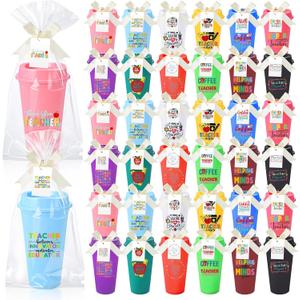 Skylety 36 Sets Teacher Appreciation Gift Bulk Thank You Coffee Cups Graduation End of Year Appreciation Gift for Teacher's Week, Assistant Plastic Coffee Cup with Lid and Bow Card(Lovely)