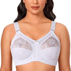TELIMUSSTO Women's Floral Lace Bra Plus Size Firm Hold Non Wired Non Padded Full Coverage Minimizer (38H, White)
