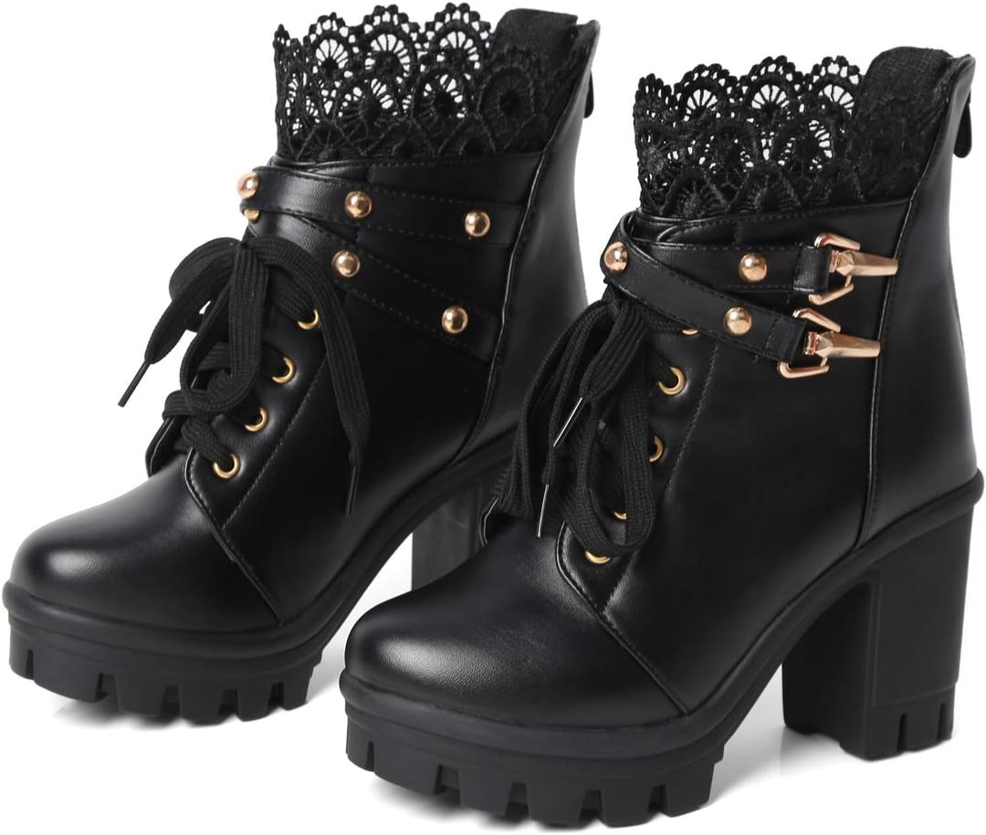 Goth Boots Chunky Heel Boot For Women Ankle Combat Booties Black Platform Bootie Buckle Rivets Punk Goth Shoes With Zipper (6.5)