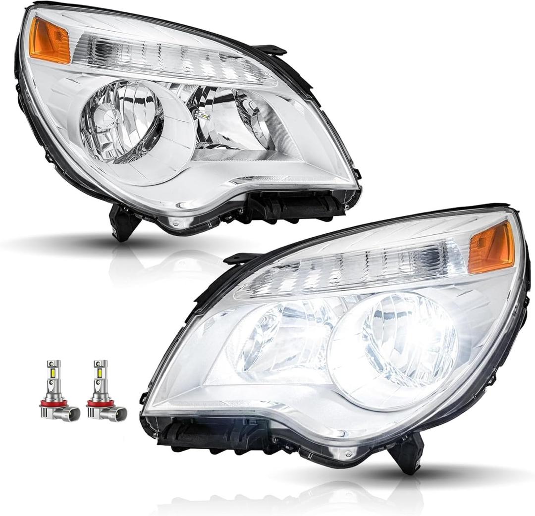 Headlight Assembly Compatible with 2010-2015 Chevy Equinox LS/LT Model, Replacement Pair Headlamp w/LED Bulbs & Wiring Harness, 10-15 Equinox Head Light Chrome Housing Amber Reflector