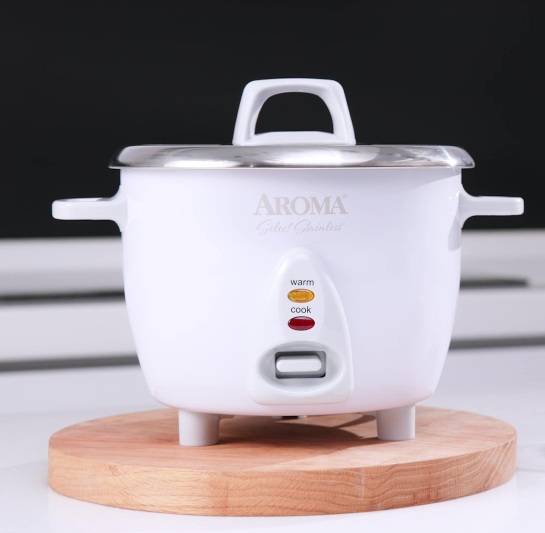 AROMA Select Stainless Rice Cooker, 3-Cup (Uncooked) / 6-Cup (Cooked), Stainless Steel Inner Pot, Small Rice Cooker, Auto Keep Warm, 1.2 Qt, White, ARC-753SG