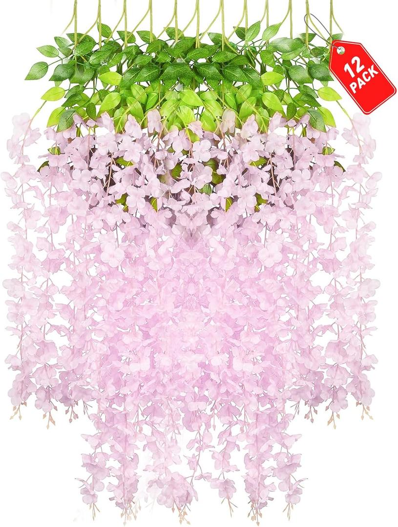 12 Pack Pink Wisteria Hanging Flowers, 3.44 Ft Fake Hanging Flowers, Artificial Wisteria Garland Vines for Wedding Room Backdrop Outdoor Patio Garden Decoration