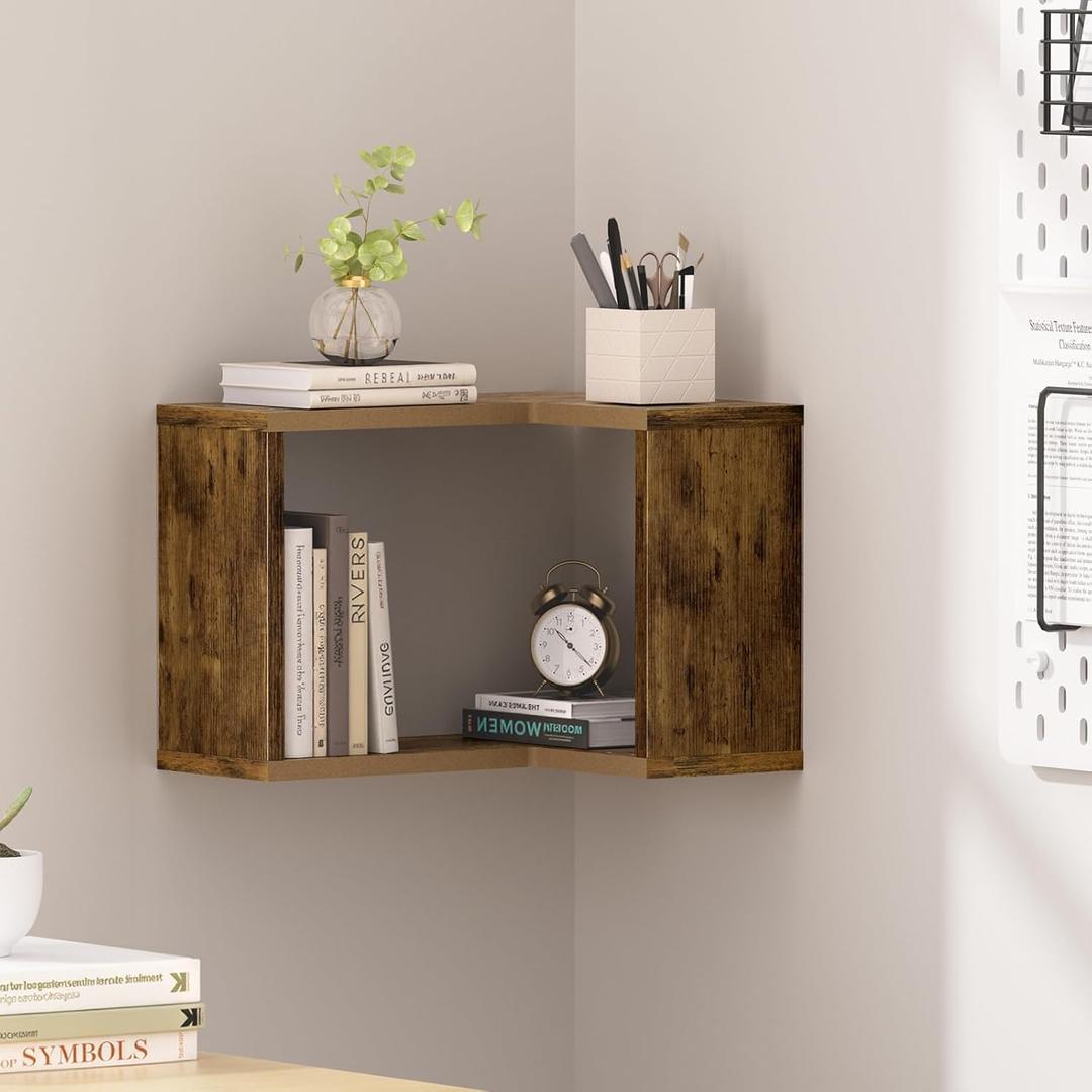 Floating Corner Shelf, 2-Tier Floating Shelf for Wall, Wood Floating Book Shelf for Living Room, Bedroom, Bathroom, Home Office, Rustic Brown