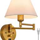 Swing Arm Wall Sconces, Plug-in Wall lamp,Bedroom Wall lamp  White Fabric Shadewith dimmable Switch and USB Charging Port, Suitable for Bedside, Living Room, Reading (Golden)