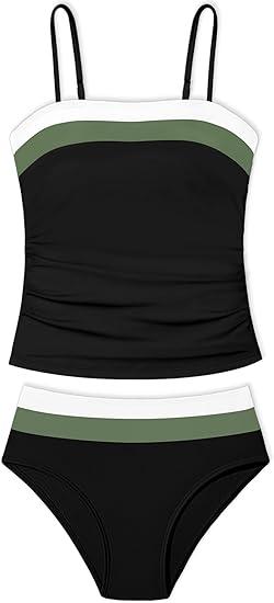 NAPU Girls Swimsuit Color Block Tankini Swimsuit Quick Dry 2 Piece Bathing Suit for Girls, Teens Swimwear Summer, 15-16 Years Old