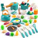 56Pcs Mini Play Kitchen Accessories for Kids, Pretend Cooking Playset with Cookware, Tableware & 2 Fruit Sets, Learning Gift for Girls, Boys, Toddlers, Green