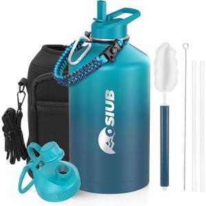 Insulated Water Bottle 128 oz, Triple Wall Vacuum Stainless Steel(Cold for 48 Hrs),Leak Proof & BPA-Free,One Gallon Water Bottle with Reflective Paracord & Flip Straw for Sports & Travel, CyanBlue